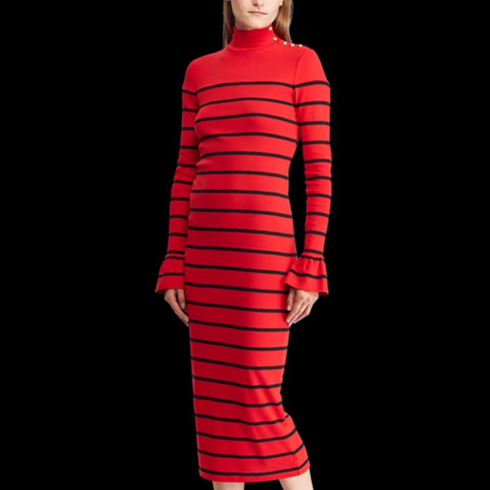 NWT Ralph Lauren Red Striped Bell Sleeve Cotton Dress size XS